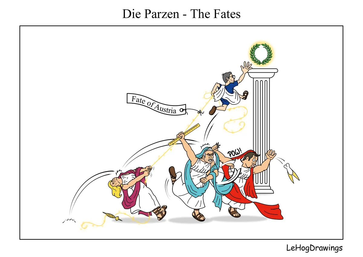 Three cartoon figures dressed as ancient Greek deities, labeled 'Die Parzen - The Fates', are depicted pulling on a golden…