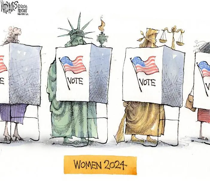 A political cartoon shows four iconic American female figures—Lady Liberty, Lady Justice, and two others—each holding a…