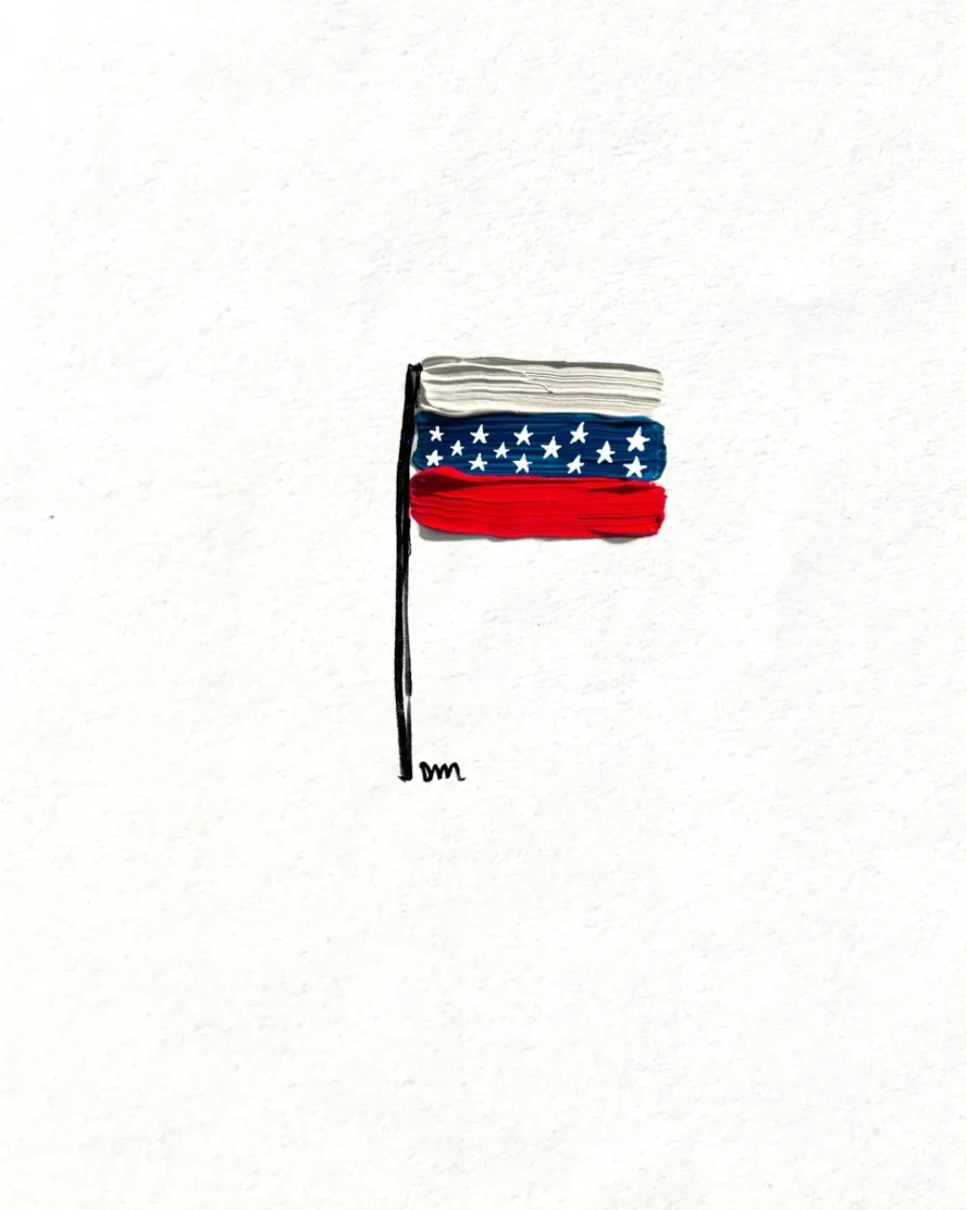 A hand-drawn, textured flag on a black pole against a white background, featuring horizontal stripes of white, blue with…