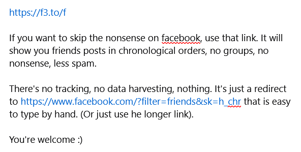 A screenshot of a text-based guide explaining how to access a filtered version of Facebook that shows only friends'…