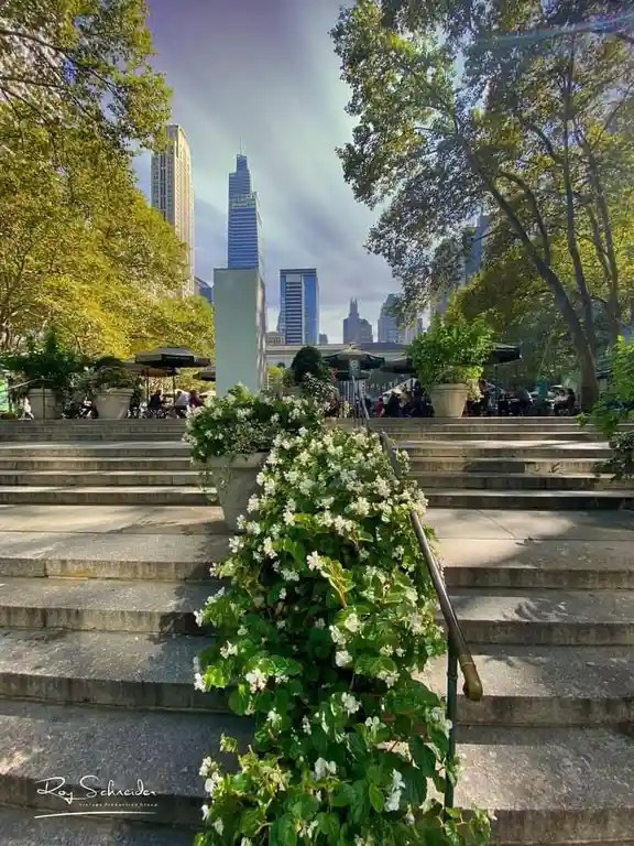 A bright, sunny photo of wide stone steps in a park with lush green trees and white flowering bushes. In the background…