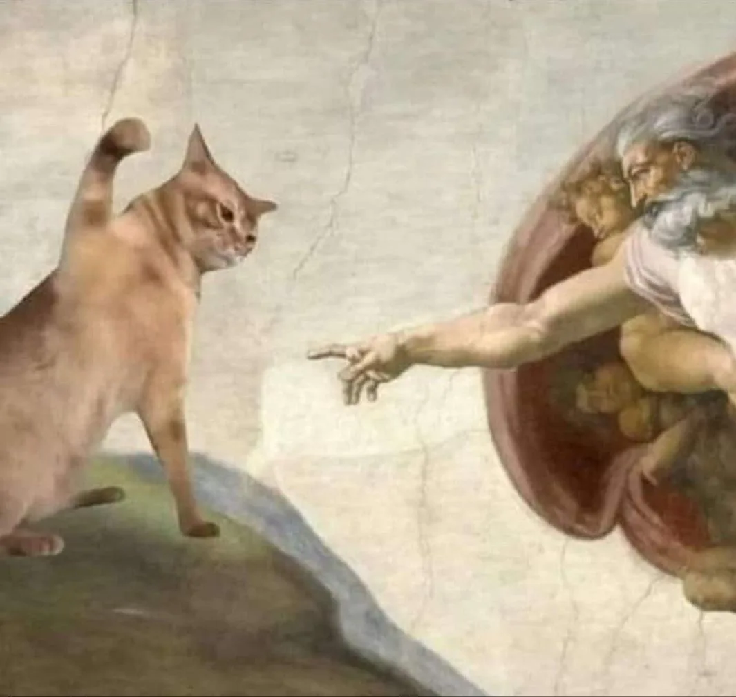 This meme replaces the human figure in Michelangelo's 'The Creation of Adam' with a cat, which is standing upright and…