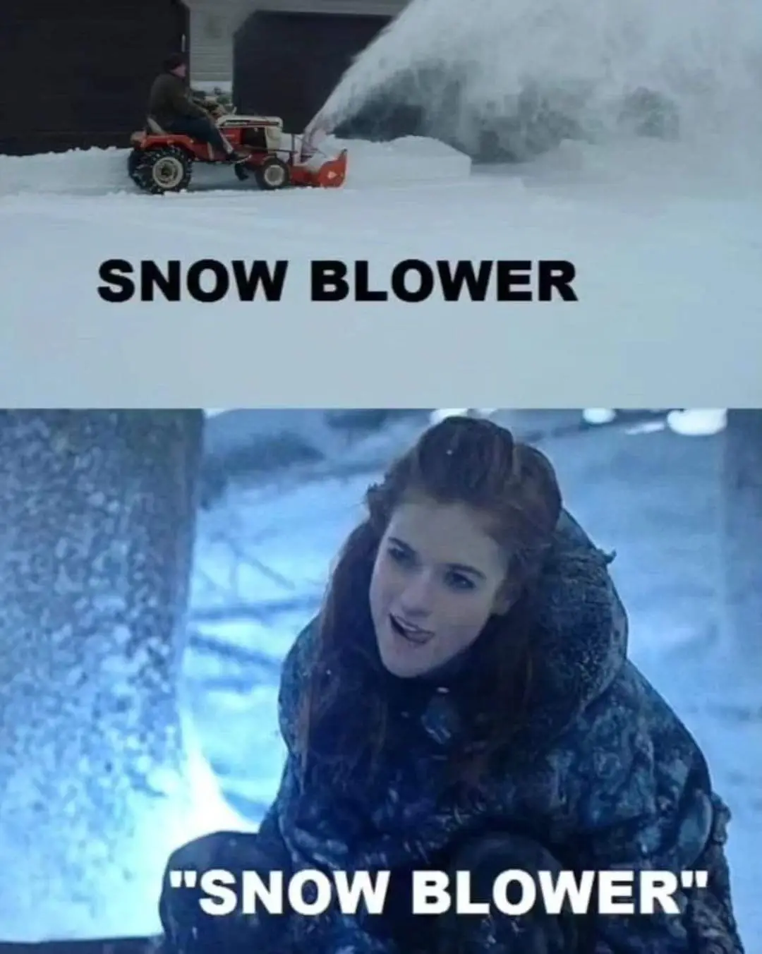 Top panel shows a person operating a red snow blower, ejecting a large plume of snow. Bottom panel shows a woman in a winter…