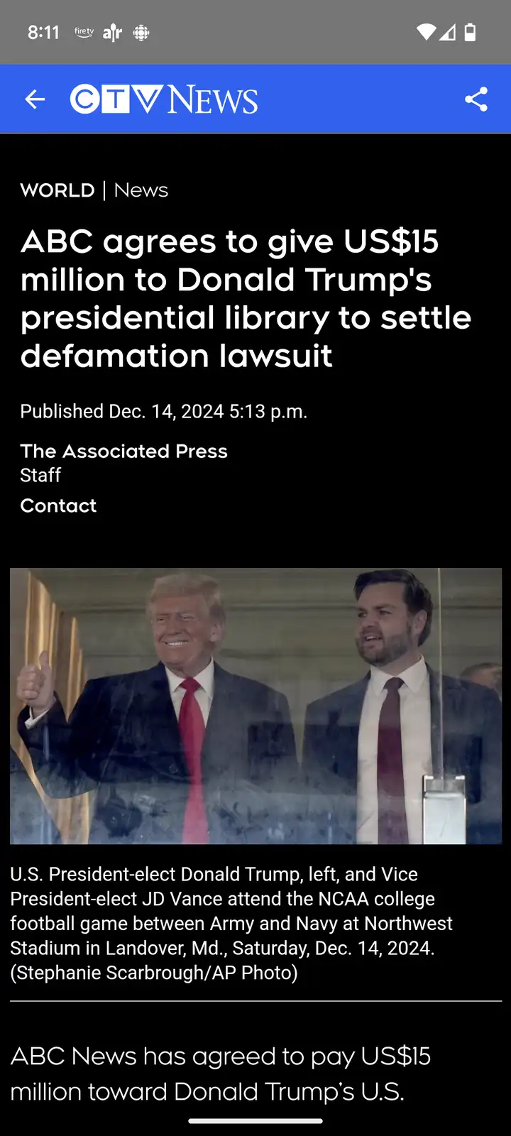 A screenshot of a CTV News article headline about ABC News paying $15 million to Donald Trump's presidential library to…