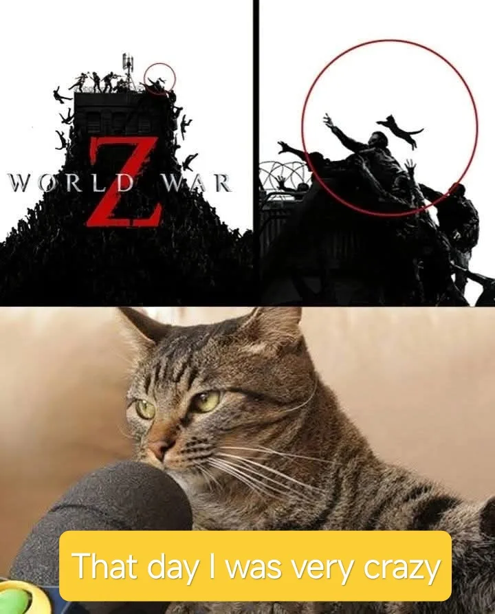 The image is a two-panel meme. The top panel shows promotional art for 'World War Z' with a red circle highlighting a zombie…