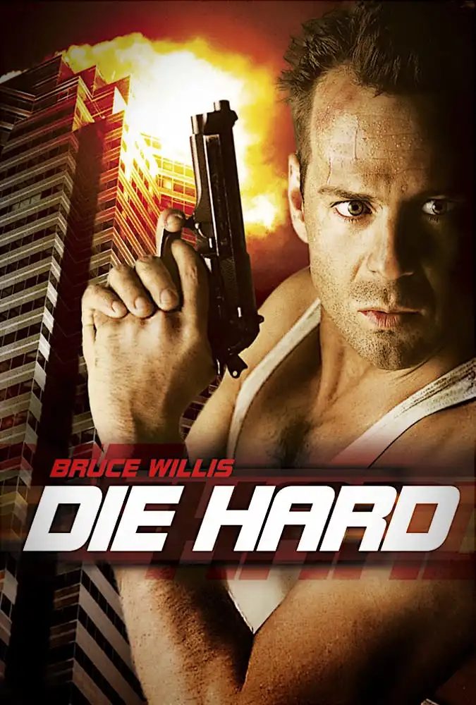 A promotional poster for the movie 'Die Hard' featuring actor Bruce Willis holding a handgun, looking intense with a bruised…