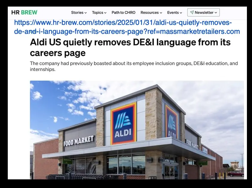 An image of an Aldi supermarket building with its logo and 'FOOD MARKET' signage under a partly cloudy sky. Overlaid text…