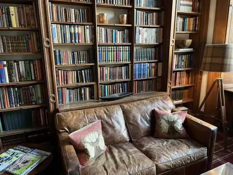 A cozy, well-lit room features a brown leather sofa with two pink pillows, each depicting a deer's head. Behind the sofa are…