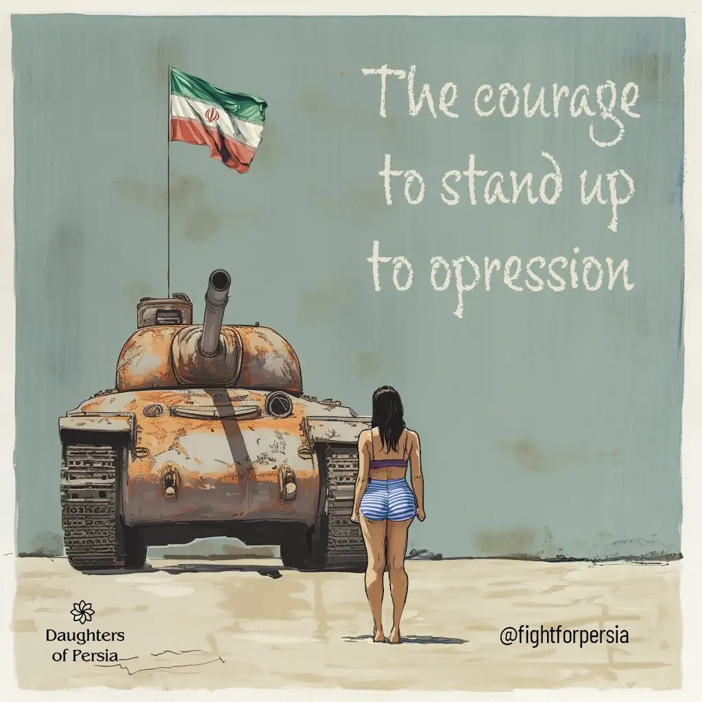A woman in a bikini stands barefoot facing a rusty tank with an Iranian flag on top, against a muted background. The text…