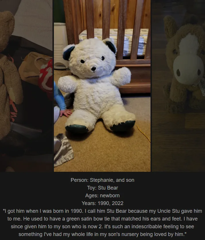 A white teddy bear with black ears and feet sits on a carpeted floor in front of a wooden crib. Overlaid text describes the…