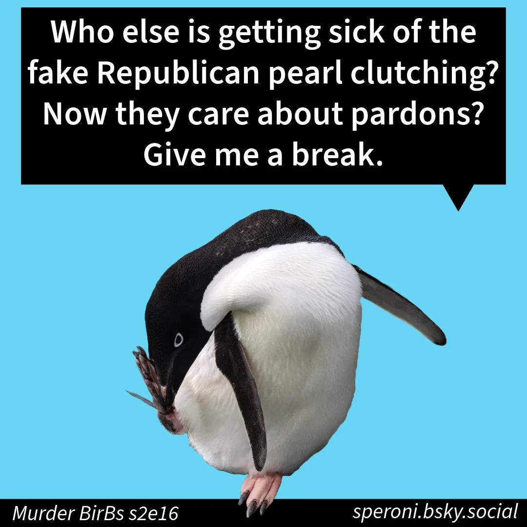 A penguin with its head bowed and beak near its chest, appearing dejected or exasperated, is shown against a solid blue…