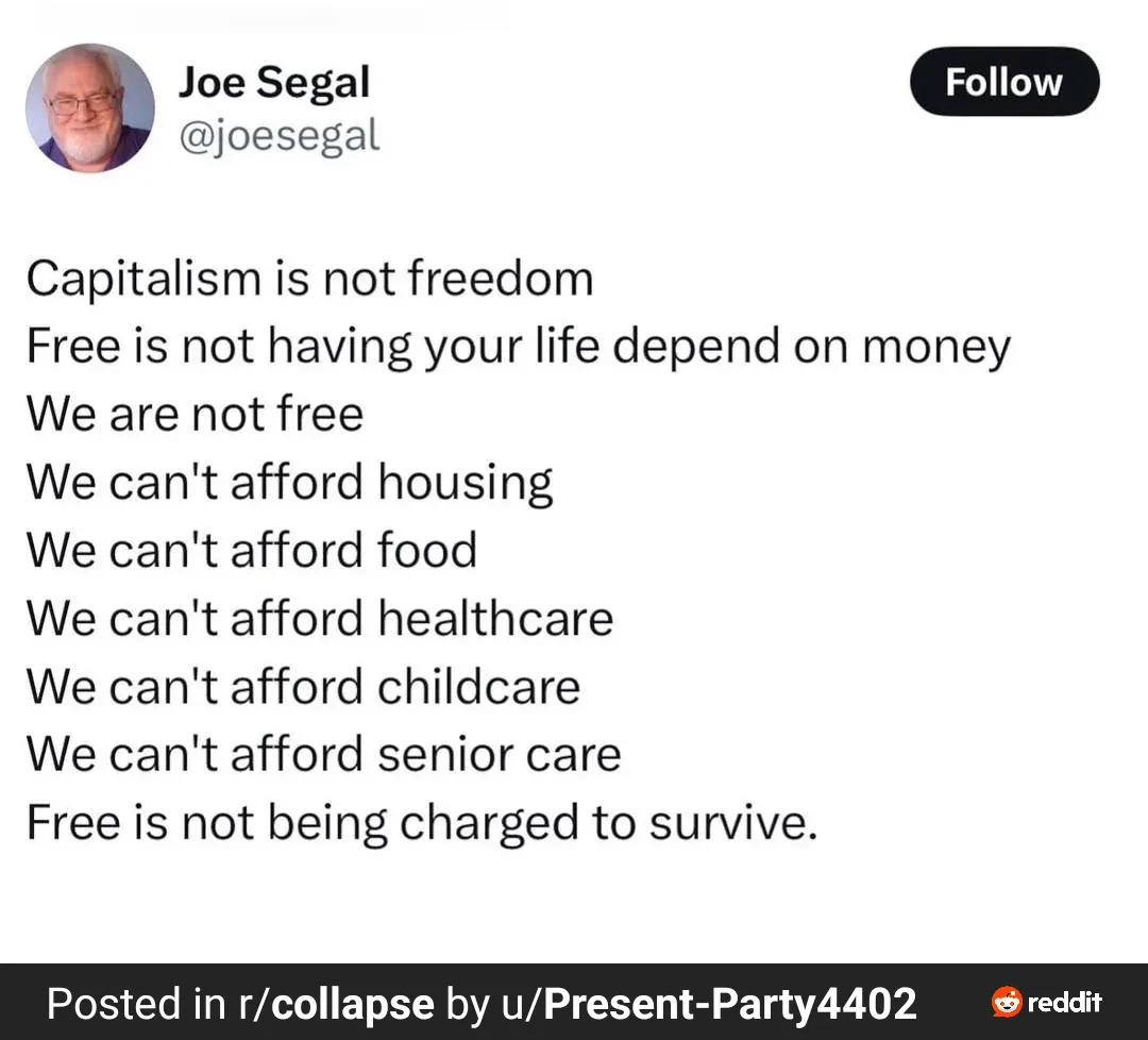 A screenshot of a tweet by Joe Segal (@joesegal) with a white background and black text listing grievances about economic…