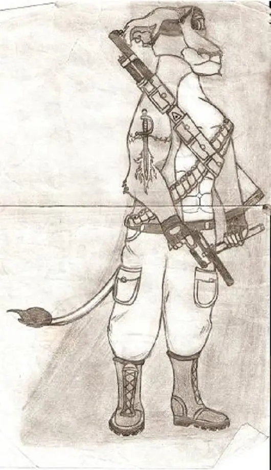 A pencil sketch of an anthropomorphic lion standing in profile, wearing pants and boots, with a rifle slung over one…
