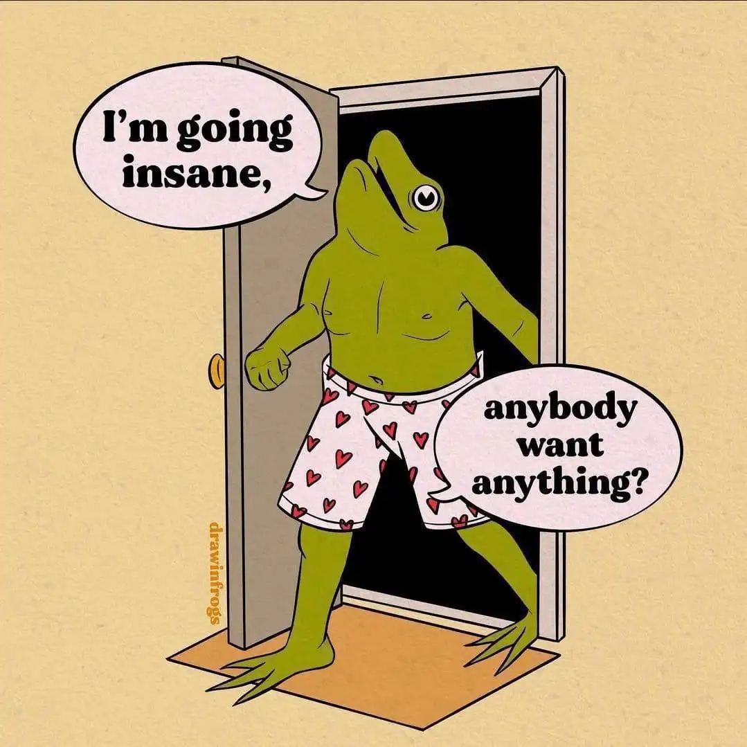 A cartoon green frog wearing heart-patterned shorts stands in a doorway, looking distressed. One speech bubble says 'I'm…