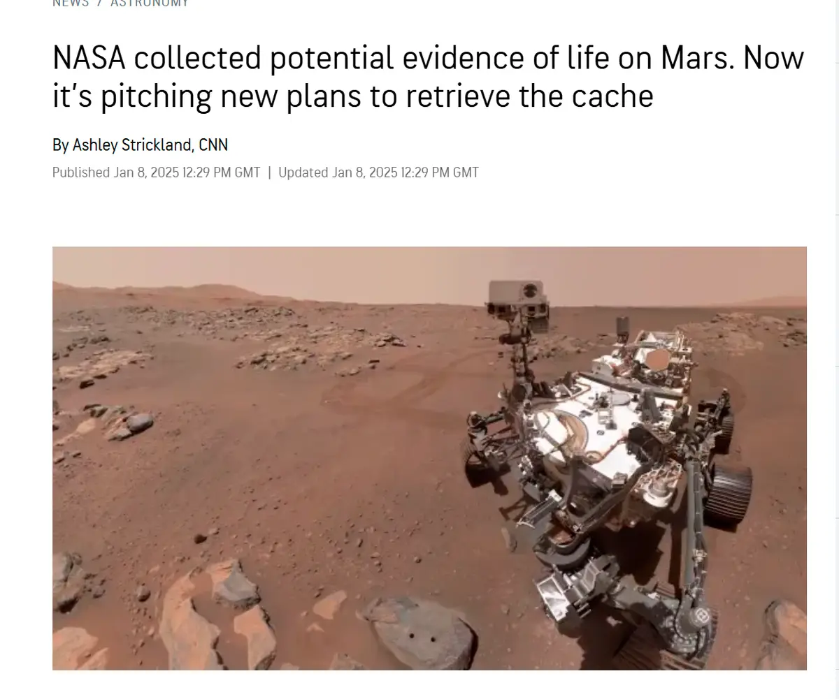 A news article screenshot shows a NASA rover on the red, rocky surface of Mars, with the headline stating NASA has collected…