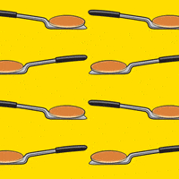 six panels show a repeating pattern of spoons on a yellow background, with the spoons progressively breaking into pieces…