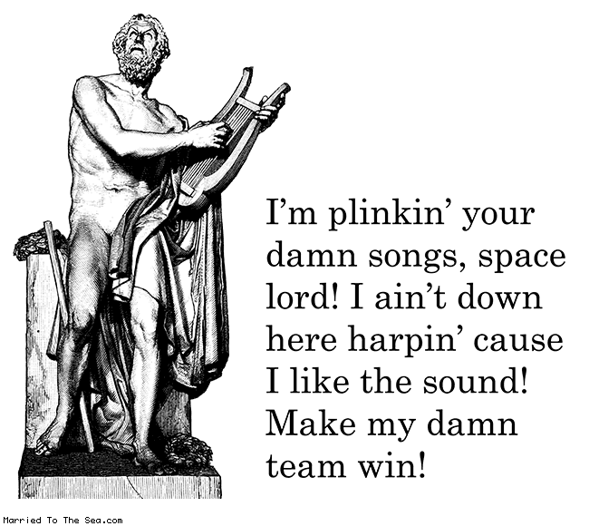 A black-and-white illustration of a classical statue of a bearded man holding a harp, with overlaid text that reads: 'I'm…