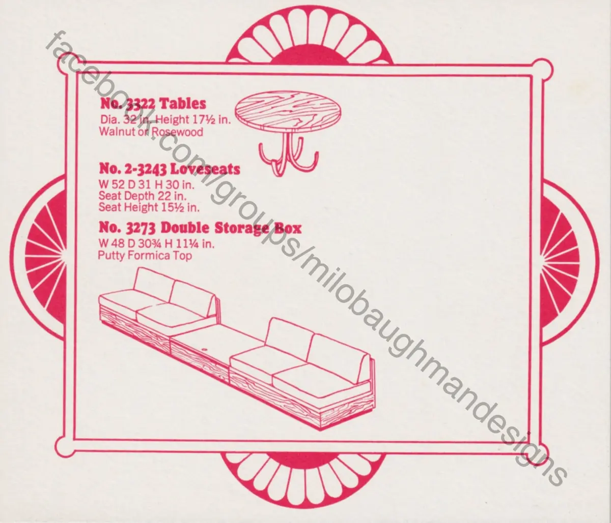 A vintage-style furniture catalog page with red line drawings and text, showing a round table, a loveseat, and a double…