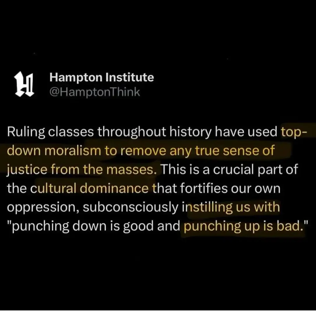 A screenshot of a tweet from 'Hampton Institute' (@HamptonThink) with white text on a black background. The tweet discusses…