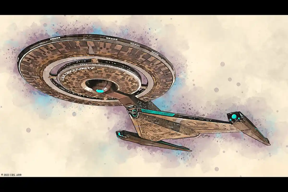 An artistic watercolor illustration of the Star Trek USS Discovery spaceship, featuring a brown and teal color scheme with…