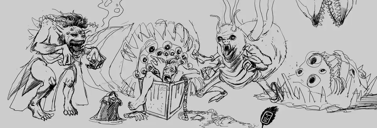 A black-and-white sketch shows a terrified man trapped in a box surrounded by grotesque, multi-eyed monsters. One monster…
