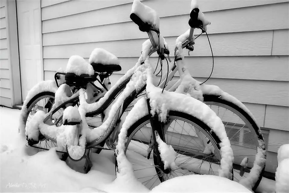 A black-and-white photo shows two bicycles completely buried in snow, with snow piled on the seats, handlebars, and wheels…