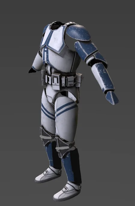A full-body 3D model of a Clone Trooper from Star Wars, shown standing against a plain gray background. The armor is white…