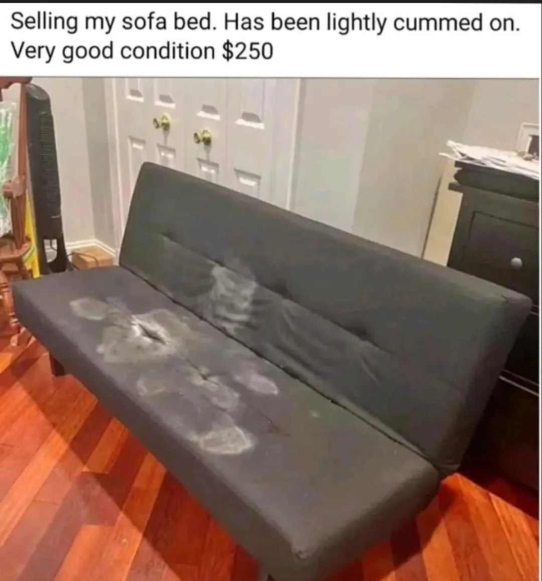 A dark gray sofa bed sits on a wooden floor in a room with white doors in the background. The fabric shows multiple large…