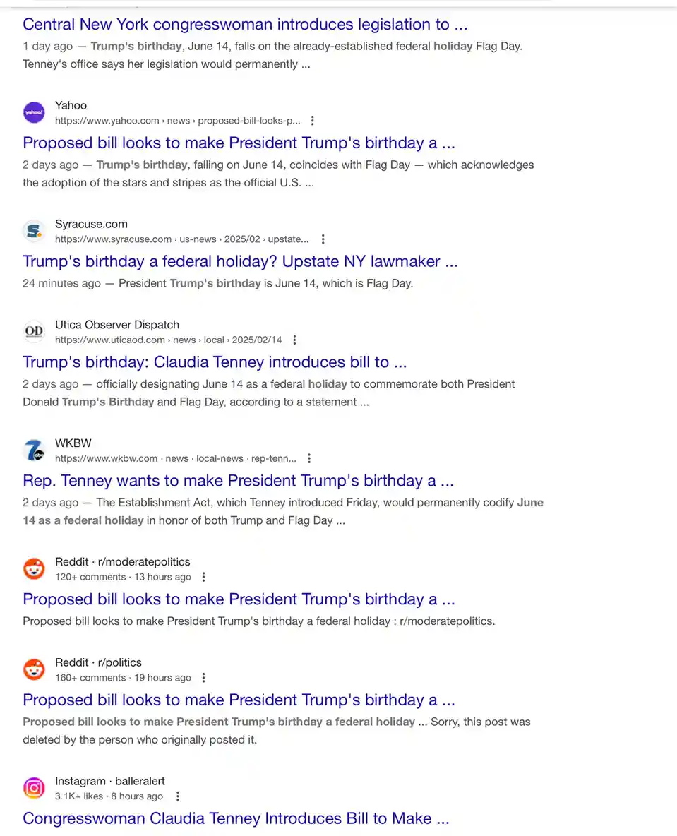 A screenshot of a Google search results page showing multiple news articles about a proposed bill to make President Trump's…