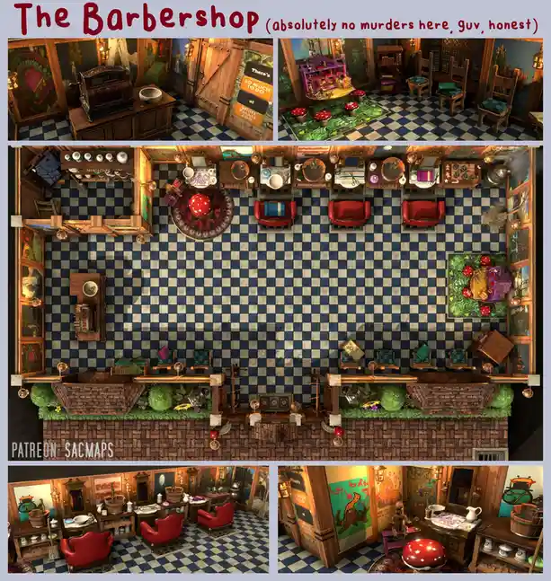A collage of six images from a video game showing a whimsical, detailed barbershop with blue-and-white checkered floors, red…