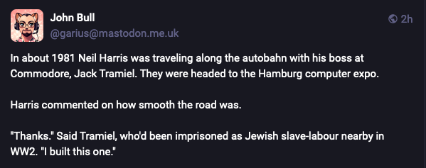 A screenshot of a Mastodon post by John Bull (@garious@mastodon.me.uk) featuring a dark background with white text. The text…