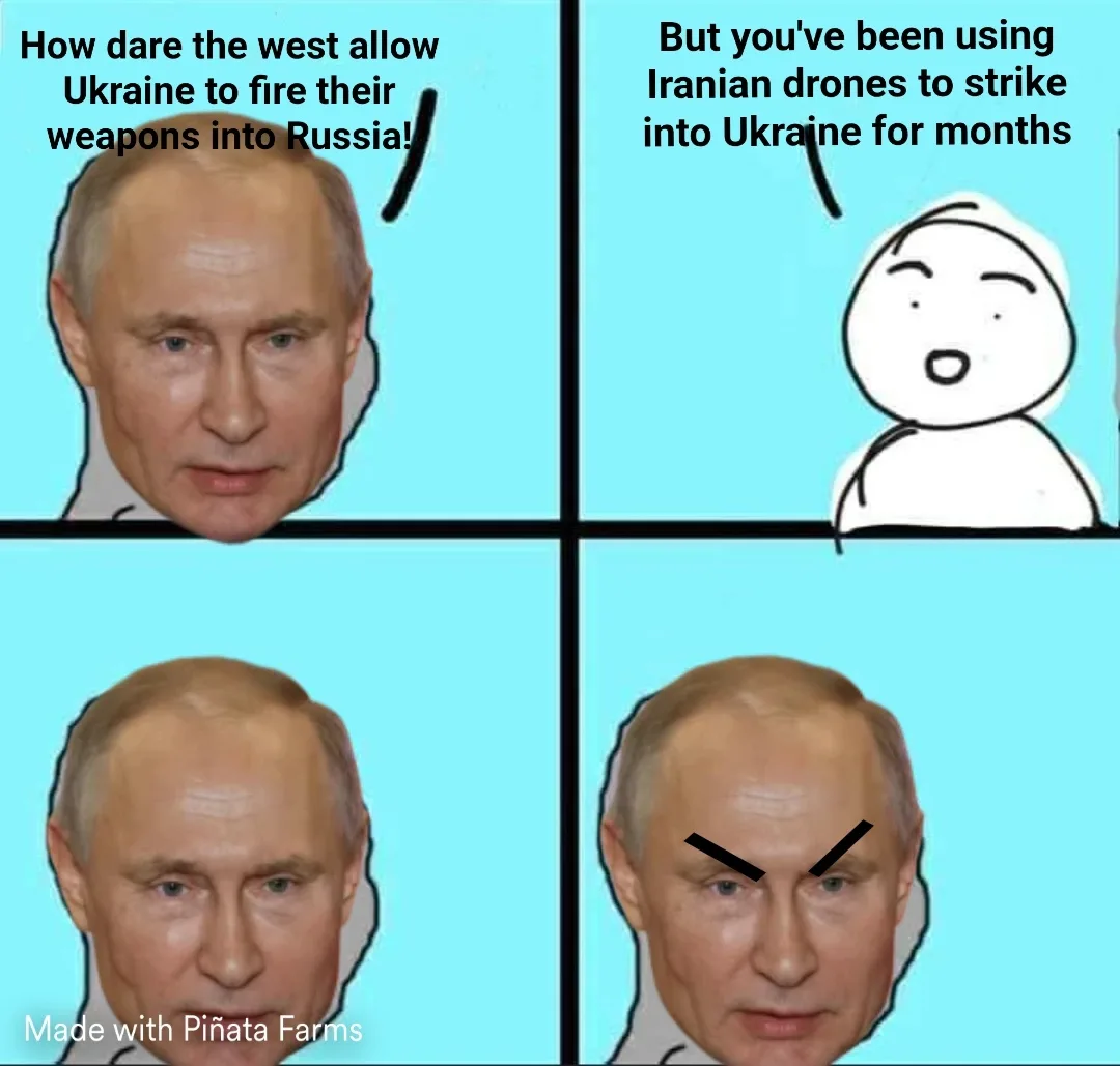 A four-panel meme featuring Vladimir Putin in three panels and a cartoon character in one. The top-left panel shows Putin…