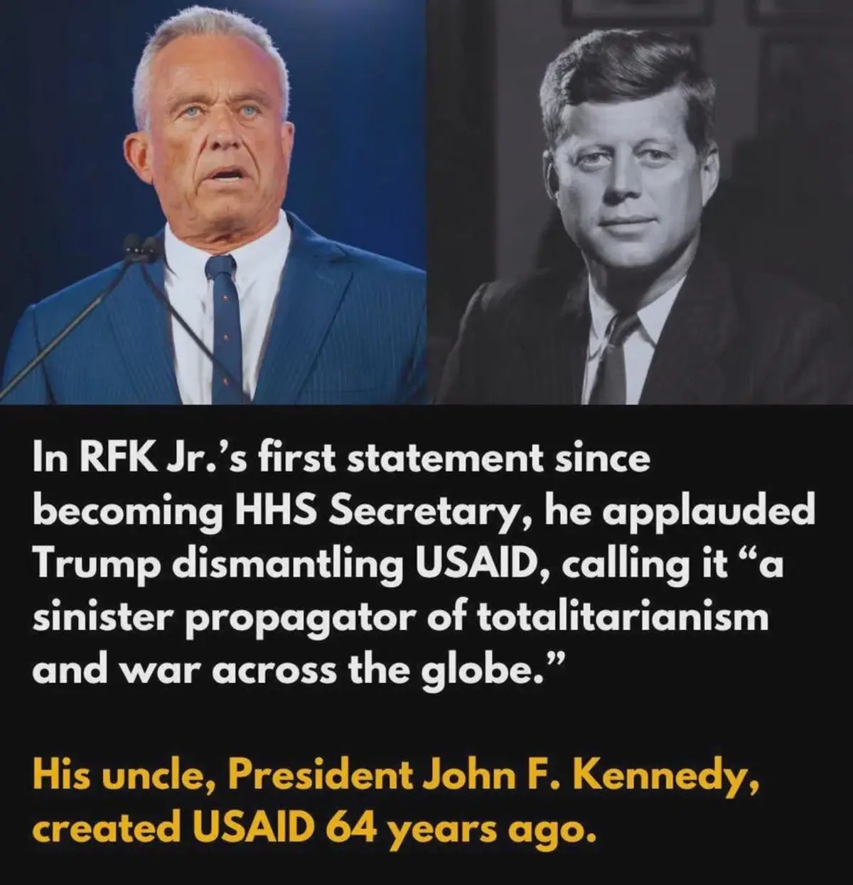 The image displays two side-by-side portraits: on the left, a color photo of RFK Jr. speaking at a podium, and on the right…