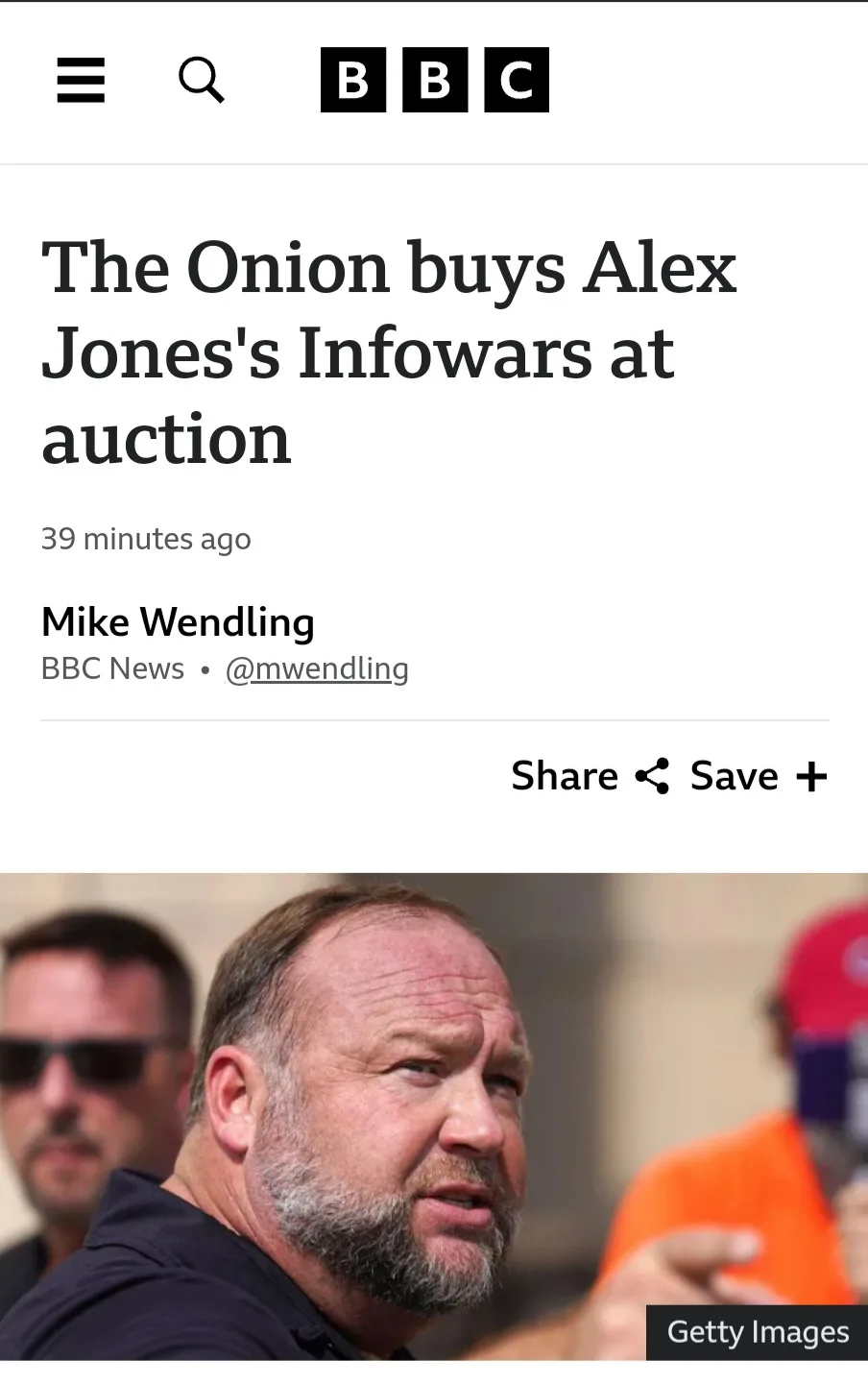 A screenshot of a BBC News article header showing the headline 'The Onion buys Alex Jones's Infowars at auction' with a…