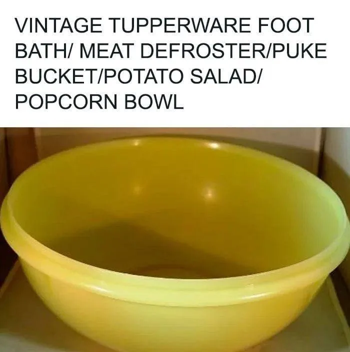 A plain yellow plastic bowl, likely vintage Tupperware, is shown empty and sitting in a cardboard box. Overlaid text lists…