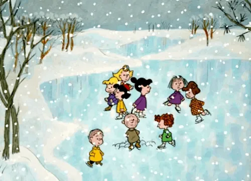 a six-panel comic strip showing a group of children walking through a snowy landscape, gradually disappearing as they walk…
