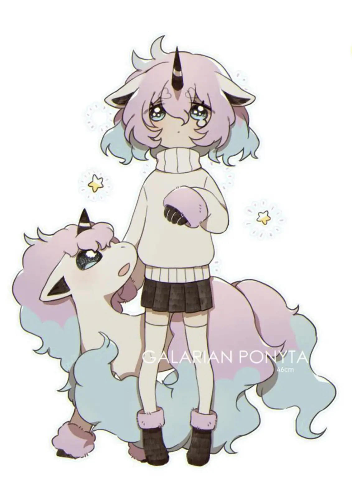 An anime-style illustration shows a humanized Galarian Ponyta with pink and light blue hair, wearing a white turtleneck…