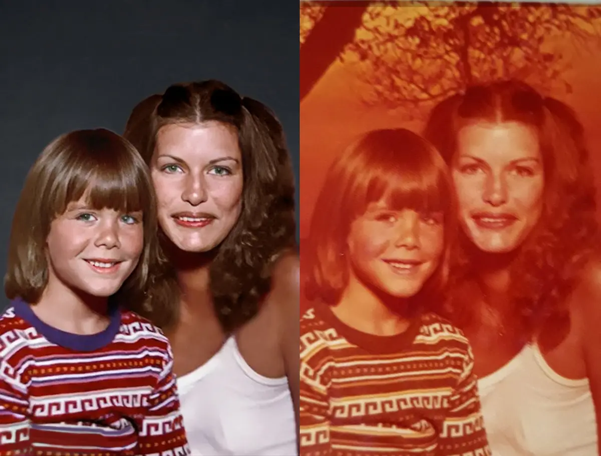 The image displays two side-by-side photos of the same woman and young girl, likely mother and daughter, posing together…