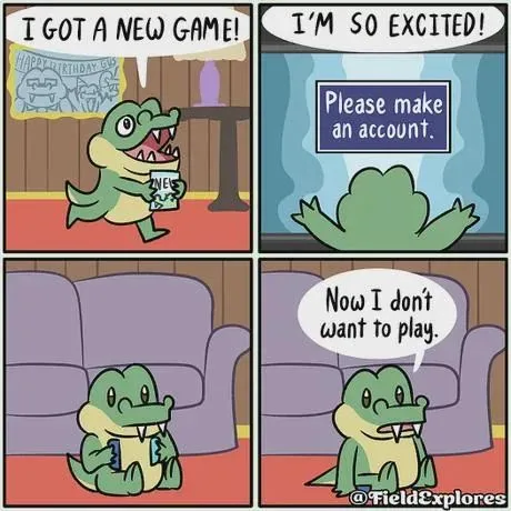 A four-panel comic strip featuring a cartoon alligator. In the first panel, the alligator excitedly holds a game box with…