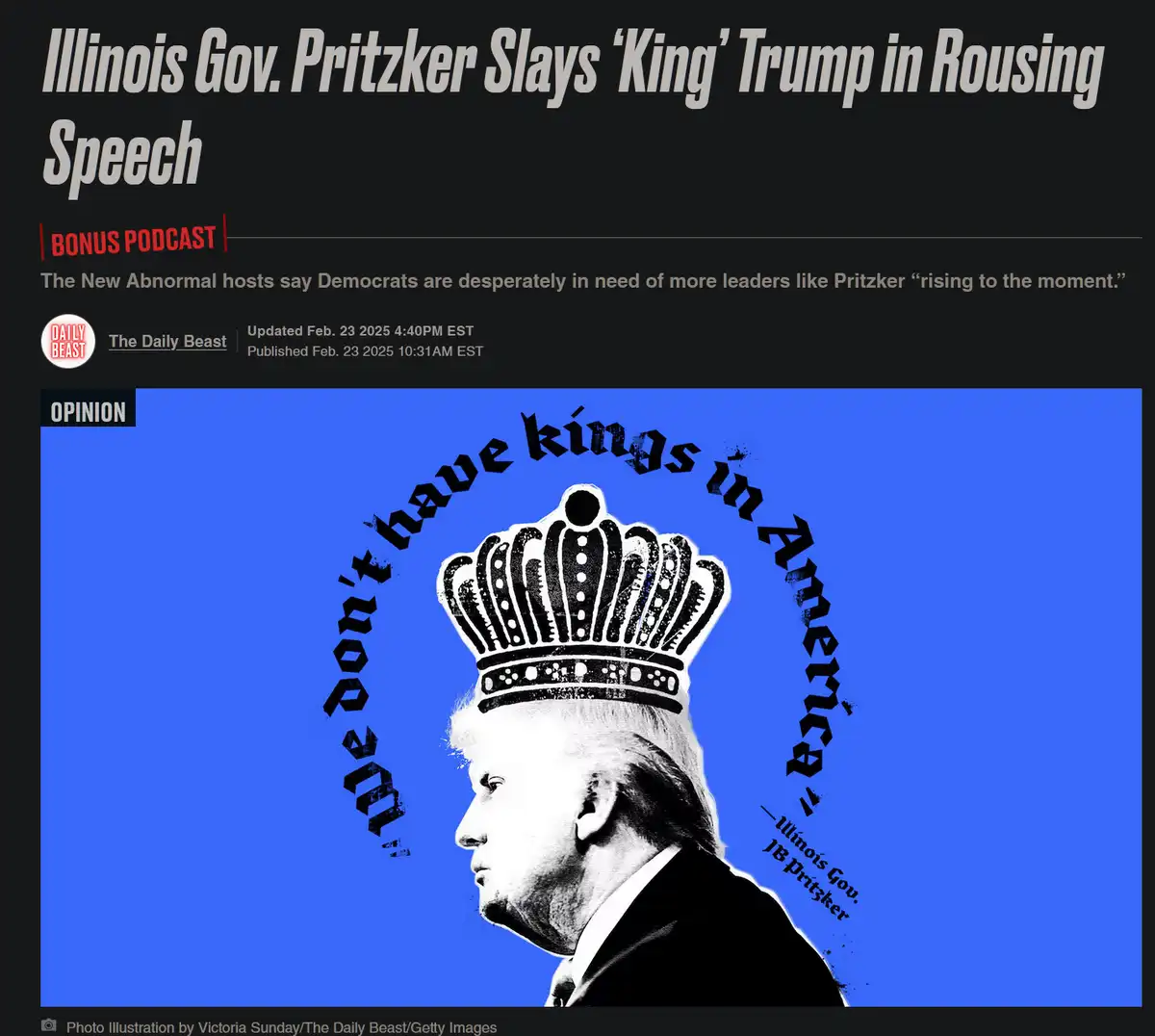 A black-and-white profile image of Donald Trump wearing a crown is set against a blue background, with the text 'We don't…