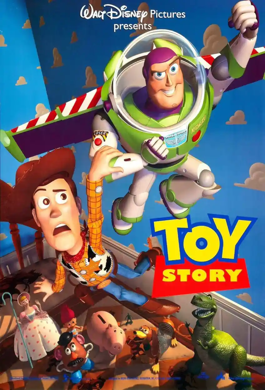This is the official movie poster for 'Toy Story,' featuring Buzz Lightyear in his green and white space suit flying…