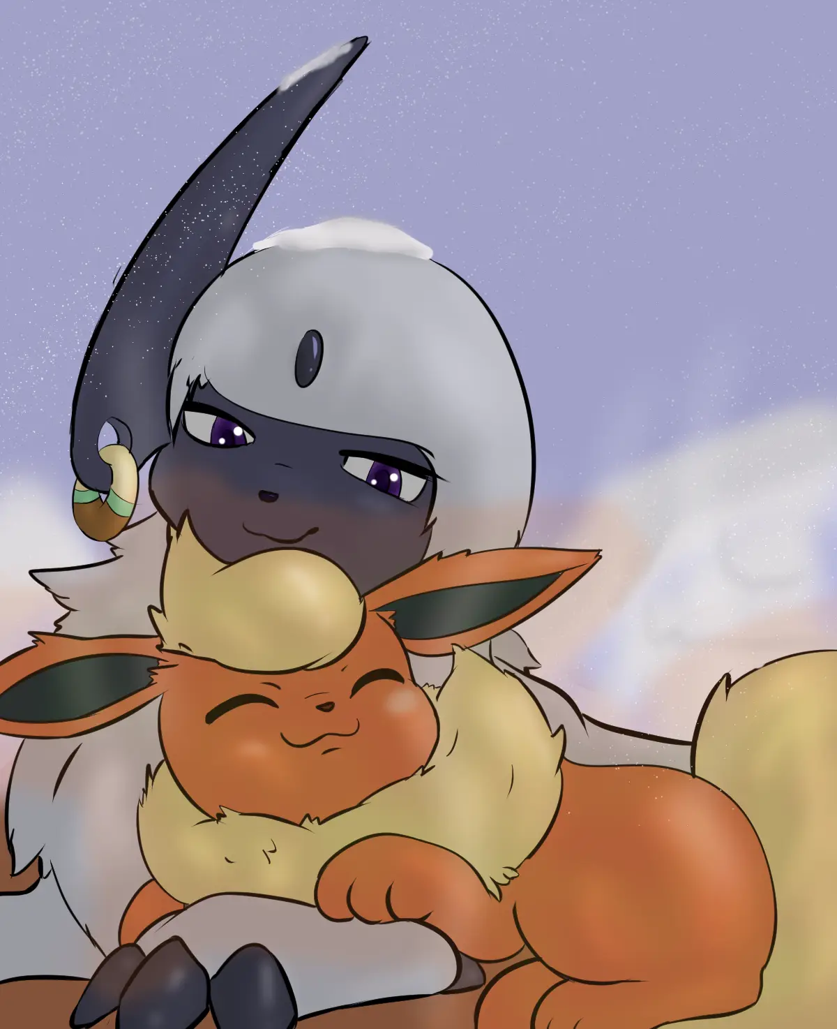 A digital illustration shows a grey, horned Pokémon (Aegislash) with a smug expression holding a sleeping orange fox-like…