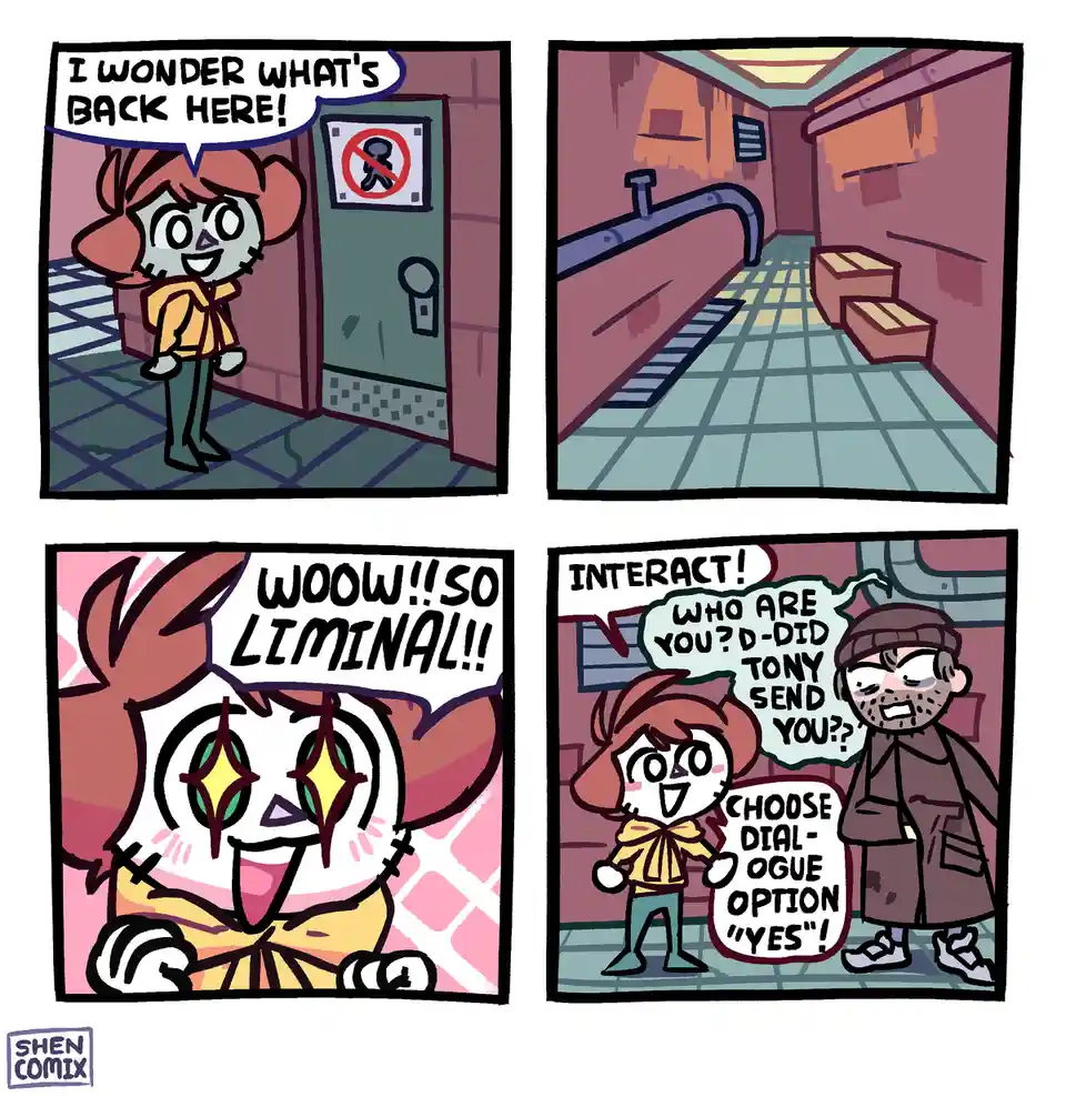 A four-panel comic shows a character approaching a door marked 'no entry' and exclaiming curiosity. The next panel reveals…