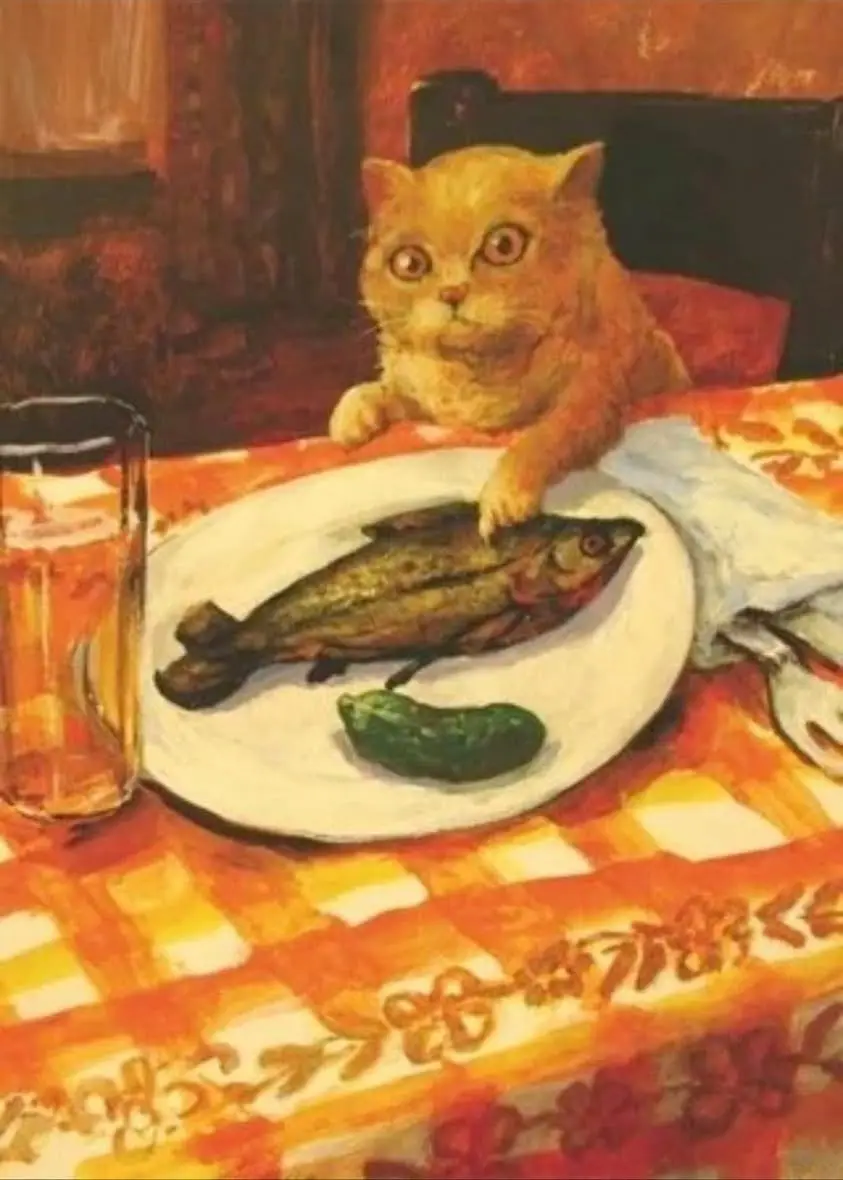 A painting depicts an orange tabby cat sitting at a dining table with a white plate in front of it. The plate holds a whole…