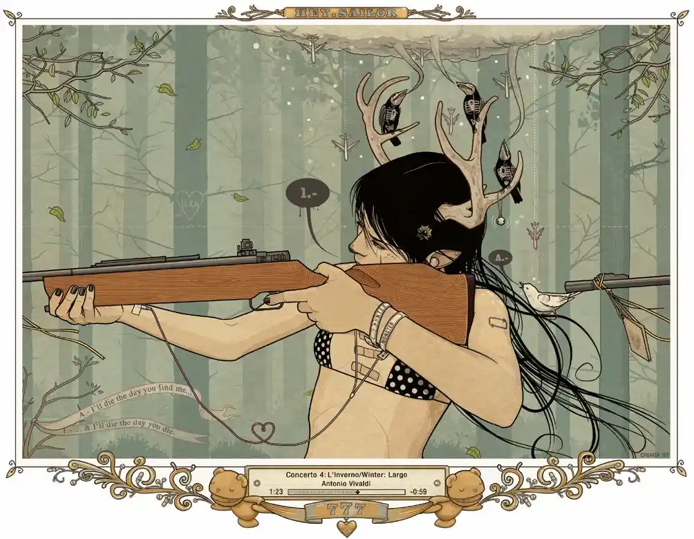 An illustrated woman in a bikini aims a rifle in a forest, wearing antlers with birds perched on them, with overlaid text…