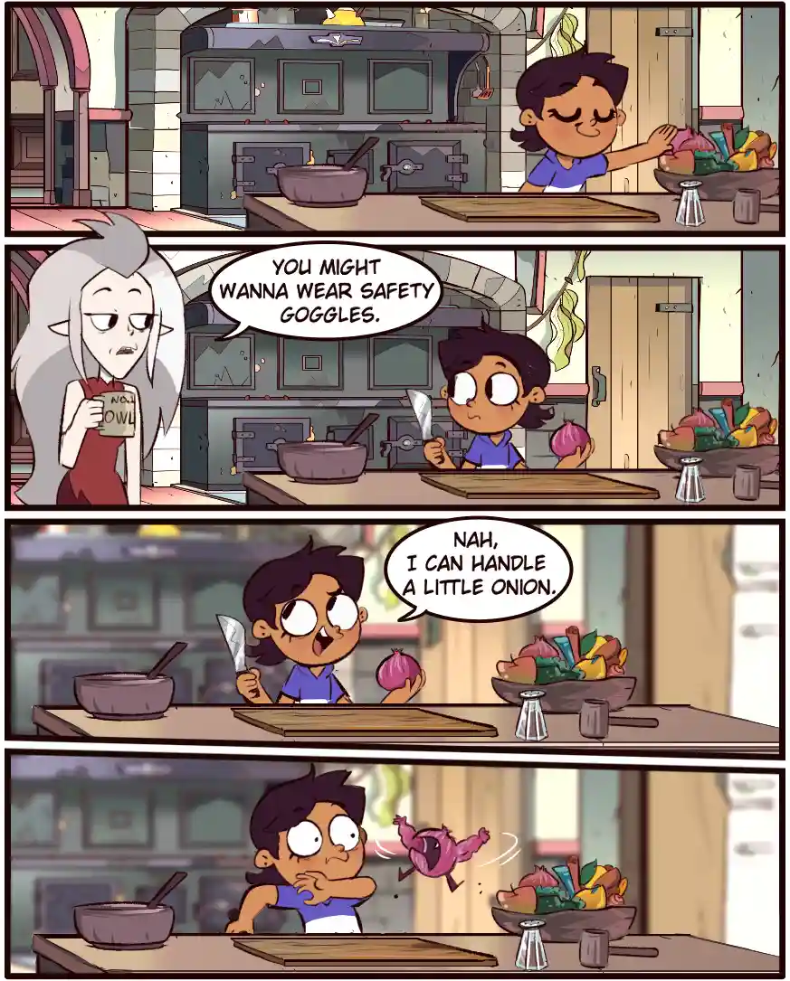 A four-panel comic strip from 'The Owl House' shows a young character confidently chopping an onion while an older character…