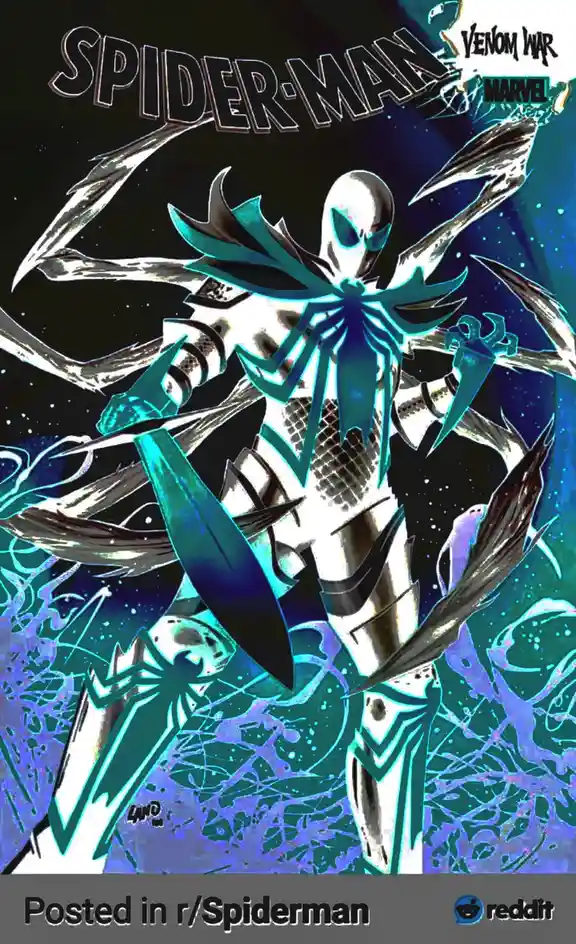 A comic book cover for 'Spider-Man: Venom War' by Marvel features a menacing, armored Spider-Man with glowing blue accents…