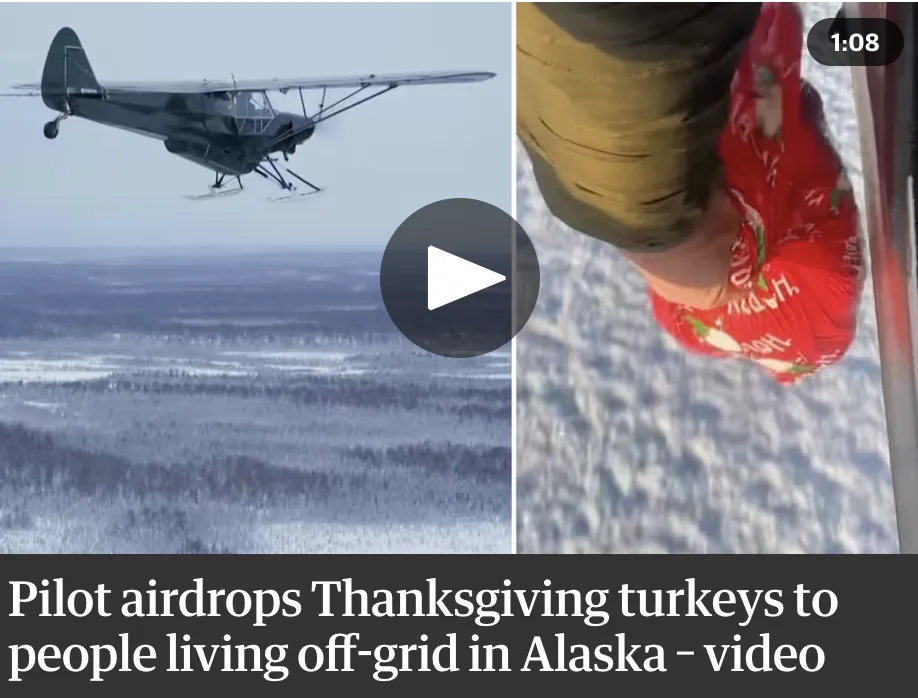 The image is a split-screen video thumbnail. The left side shows a small, dark-colored plane with skis flying low over a…