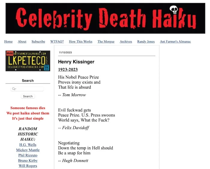 A screenshot of the 'Celebrity Death Haiku' website showing three haikus about Henry Kissinger's death in 2023. The site's…