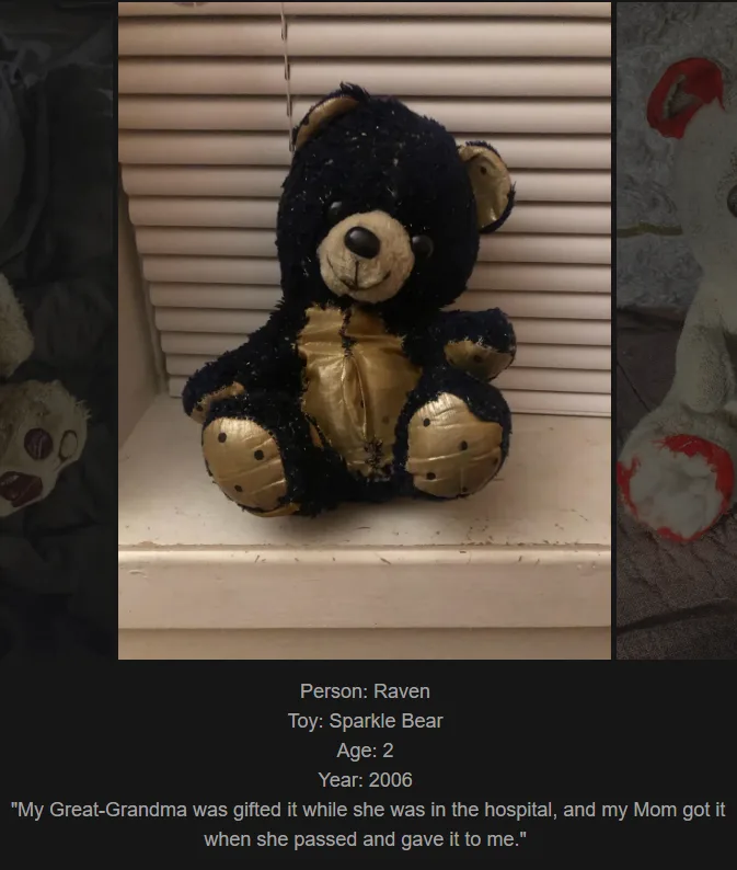 A worn, dark blue teddy bear with gold accents sits on a windowsill in front of blinds. Text overlaid at the bottom…